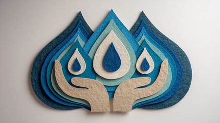 Paper cut art of Hands holding water drop. Hands protecting water. Art and Craft. Save water concept.の素材