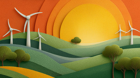 Save the World. Paper Art Landscape of Wind Energy and Green Nature. generative ai illustration.の素材