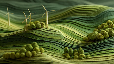 Save the World. Paper Art Landscape of Wind Energy and Green Nature.の素材