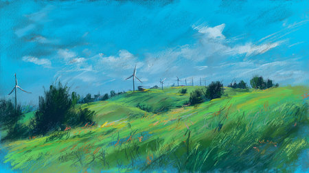 Painting landscape of a green hill meadow with wind turbines. Clean energy concept.の素材