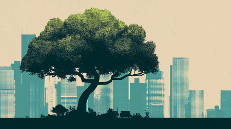A silhouette of a modern city skyline and lush green tree. flat design. environmental sustainability concept.の素材