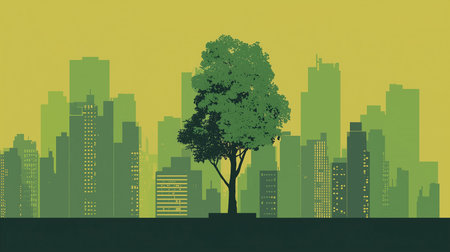 A silhouette of a modern city skyline and lush green tree. flat design. environmental sustainability concept.の素材
