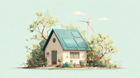 Eco friendly home. Sustainable Living Cottage with Solar and Wind Energyの素材