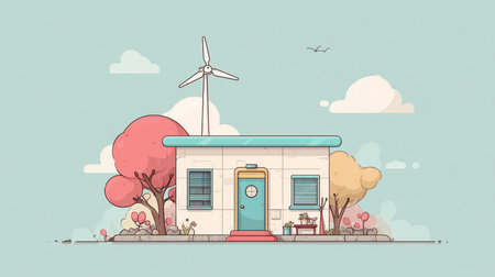 Eco friendly home. Sustainable Living Cottage with Solar and Wind Energyの素材