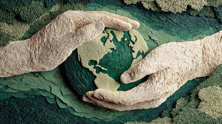 Paper cut art of Hands Protecting the Earth. Save the World concept. generative ai illustration.の素材