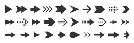 Arrows black flat icon set. Different shape web pointer collection. Direction right left up down simple symbols isolated on white backdrop. Cursor interface pictogram element. Play forward next buttonのイラスト素材