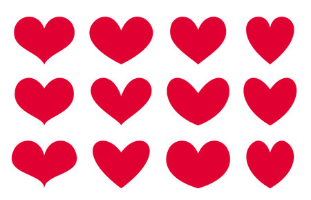 Heart red icon hand drawn flat set. Romantic love, valentines day, 14 february, passion, wedding, health symbol. Different shape element for greeting card, invitation, web interface sign, buttonのイラスト素材