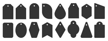 Price tag black icon set. Different shapes flat labels for retail business, sale market promotion special offer. Blank color gift sticker. Empty discount badge. Retro shop coupon card. New simple buyのイラスト素材