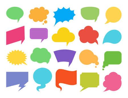 Colorful speech bubbles flat icon set. Empty design elements for comic book, text message, chat comment, idea thought, discussion. Speak balloon shapes, talk clouds, cartoon think banner, note labelのイラスト素材