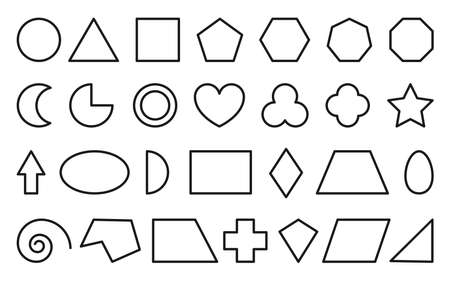 Basic educational line geometric shape icon set. Teaching math figures triangle, square, circle, hexagon, rectangle. Kid school learning geometry cartoon study element isolated on white backgroundのイラスト素材