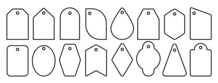 Price tag icon set. Different shapes line labels for retail business, sale market promotion special offer. Blank color gift sticker. Empty discount badge. Retro shop coupon card. New simple buy frameのイラスト素材