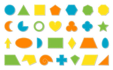 Basic educational geometric shape icon set. Teaching math figures triangle, square, circle, hexagon, rectangle. Kid school learning geometry element study cartoon poster isolated on white backgroundのイラスト素材