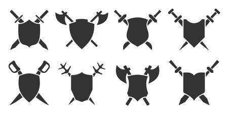 Shield with crossed sword, poleaxe, saber icon set. Protection armor, safety guard power sign. Medieval weapon heraldic black symbol isolated on white background. Retro outline military logo designのイラスト素材