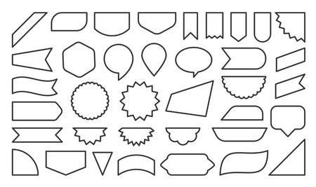 Label shape icon set. Contour black line sale offer price tag sticker collection on white. New ribbon banner, buy special paper sign, shop special business badge, best premium quality design productのイラスト素材