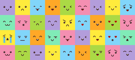 Emotion colorfull cartoon style square big flat set. Children emoji icon. Face cheerful color. Abstract person head cute symbol. Message character smile collection. Emoticon expression signのイラスト素材