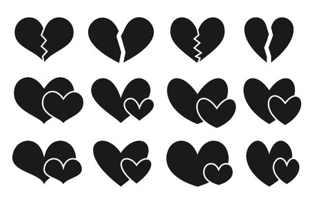 Heart flat icon set. Couples of hearts in love concept icons. Different shape of broken and lovely hearts black stamp or stencil. Wedding or Valentine day symbol isolated on whiteのイラスト素材