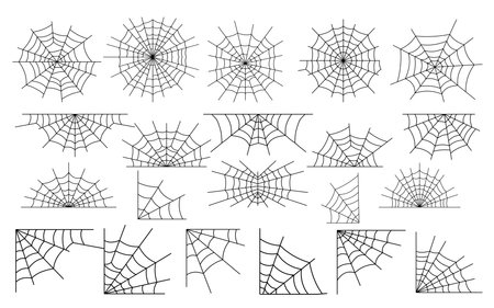 Spider web set. Scary spiderweb outline decoration isolated on white background. Hanging Halloween cobwebs. Tangled web for catching insect in spooky darkness. Cobweb collection line art spiders websのイラスト素材