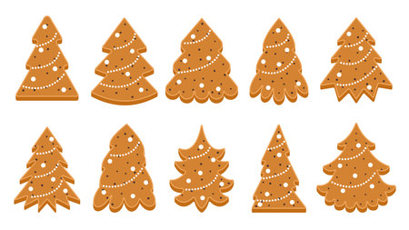 Christmas tree shape icing gingerbread cartoon set. Xmas homemade december sweet biscuit cookie for Santa. Winter holiday delicious glaze dessert. Happy New Year sugar baked bread confectioneryのイラスト素材