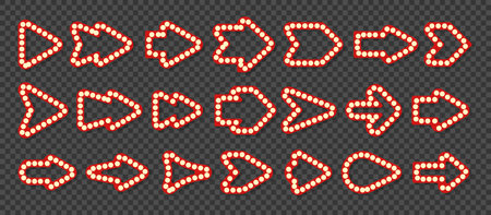 Arrow retro illuminated neon border big icon set. Electric bulb advertising billboard element. Nightclub signboard pointer. Bar night banner. Festival circus casino cinema sign. Lamp glowing signageのイラスト素材