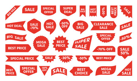 Best choice new big sale banner. Red ribbon price tag sticker discount label template with advertising text. Flat shopping special offer retail banners, hot promotion note message for consumerのイラスト素材