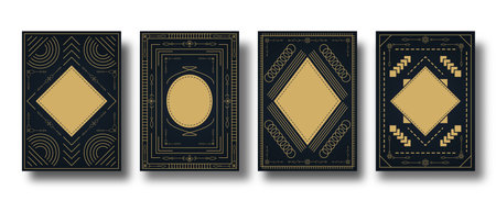 Vintage cover design set. Golden engraving pattern template with copy space for annual notebook, notepad, brochure, copybook, diary. Art deco graphic print for magazine covers, booklet journal cardsのイラスト素材
