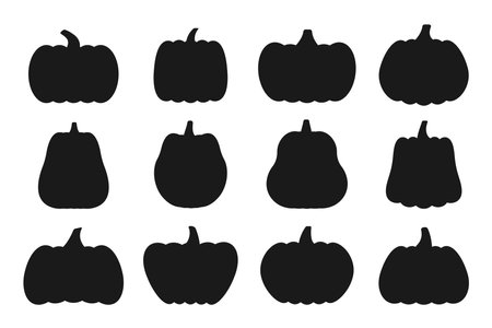 Pumpkins black silhouette flat icons set. Halloween sign kit. Thanksgiving pictogram collection farm harvest, closeup squash vegetable. Simple pumpkin cartoon contour icon symbol isolated on whiteのイラスト素材