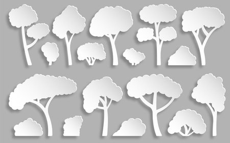 Tree and bush paper cut set. Forest foliage landscape floral outdoor flat cuting element. Different shape botanical park plant. Kirigami natural eco garden. Maple oak birch aspen ash white silhouetteのイラスト素材