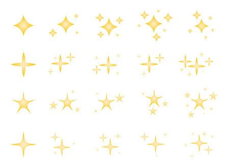 Gold sparkles stars set. Different shapes of bright firework shiny sparkle, magic twinkle, sun glare decoration. Glowing light flash effect. Starry sky space. Spark shining burst radiance explosionのイラスト素材