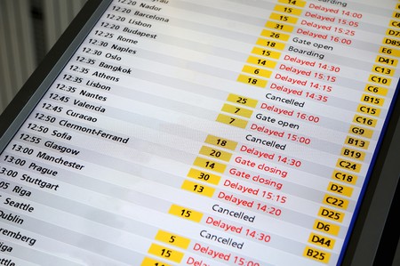 Flight information board at airport with delayed and cancelled flightsのeditorial素材