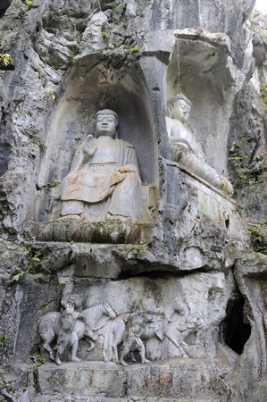 Buddhist carvings in Feilai Feng Caves, Hangzhou, Chinaの写真素材