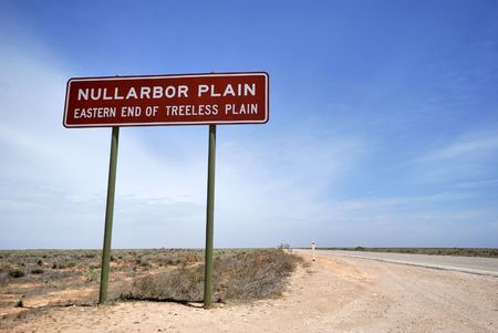 Sign on the Eyre Highway, Nullarbor Plain,of Treeless Plain, South Australiaの写真素材