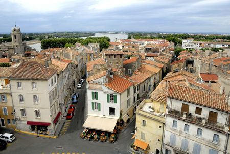 Bird view of the city of Arles in France. No number plates, no brand names and no peopleの写真素材