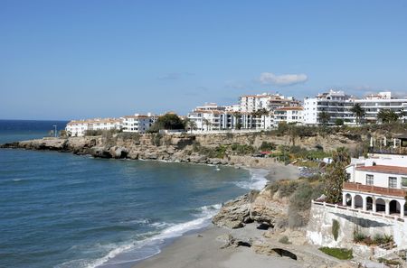 Mediterranean Sea and holiday apartments. Seen from the Balcony of Europe in Nerja, Andalusiaの写真素材