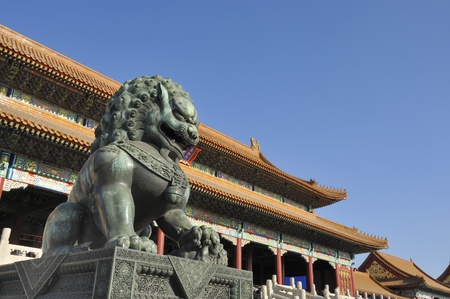 Statue of Lion at the Forbidden City in Beijing, China, の写真素材