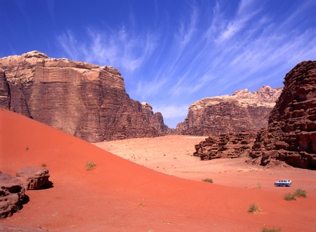 Exploring with a four wheel drive the Wadi rum desert in Jordanの写真素材