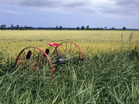 abandoned historical agricultural machinery in a field の写真素材