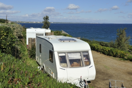 Two caravans at a sea side campingの写真素材