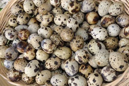 Quail eggs in a basket at a farmers marketの写真素材