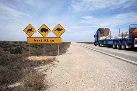 Road train on the Eyre Highway, Nullarbor Plain, including iconic sign look out for camels, kangaroos, wombats  This part of the Nullarbor is known as the Treeless Plain  の写真素材