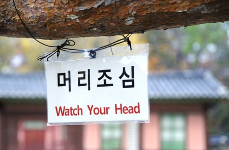 Warning sign at Jongmyo Royal Shrine in Seoul, South Korea. This is the supreme shrine of the state where the tablets of royal ancestors are enshrined. It is an Unesco World Heritage Site.のeditorial素材