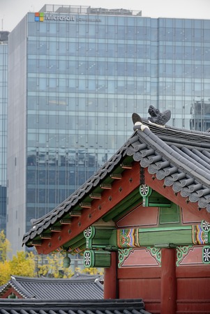 SEOUL, SOUTH KOREA-NOVEMBER 10: Microsoft Head Office  in South Korea and at the foreground the Gyeongbokgung Palace.November 10, 2015 Seoul, South Koreaのeditorial素材