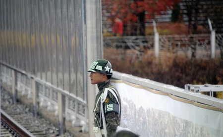Imjingak, South Korea-November 14, 2015; DMZ Zone (South Korea): soldier at the South Korean base of Dora Observatory. November 14, 2015 Imjingak, South Koreaのeditorial素材