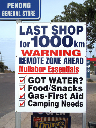 PENONG, AUSTRALIA-MARCH 22, 2018; Sign warning of beginning of a remote zone in Penong a small South Australian town on the Nullarbor Plain. Its location on the Eyre Highway makes it a popular rest-stop for travelers.のeditorial素材