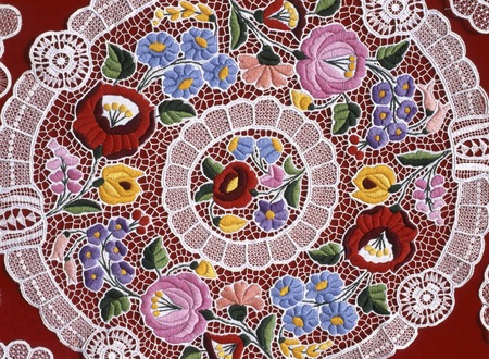 Budapest, Hungary - May 05, 2015: Detail of an embroidered Hungarian tablecloth in souvenir shop in...