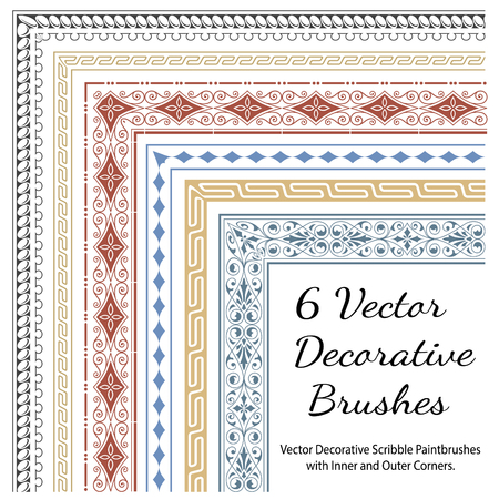 Vector Decorative Brushes with Inner and Outer Corners. Seamless Borders for Patterned Frames.のイラスト素材