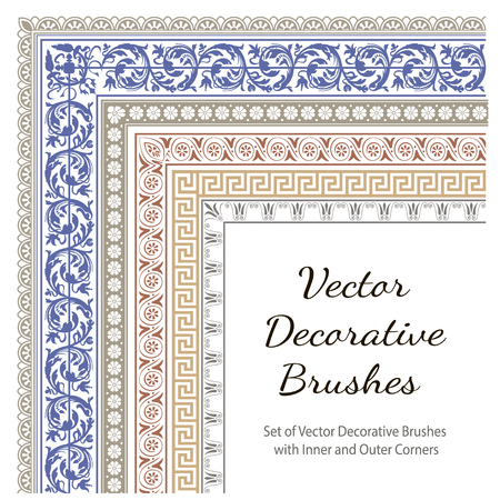 Vector Decorative Brushes with Inner and Outer Corners. Seamless Borders for Patterned Frames.のイラスト素材