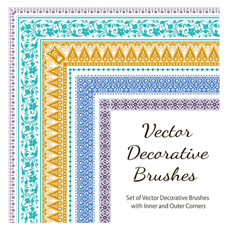 Vector Decorative Brushes with Inner and Outer Corners. Seamless Borders for Patterned Frames.のイラスト素材