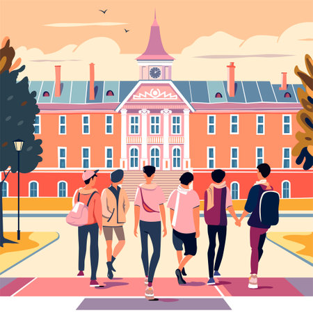 Students walking by educational establishment. People with satchels spending time outdoors. Obtaining knowledge on new semester, vector in flat style.のイラスト素材