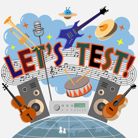 Music festival poster with guitar, drum, trumpet and loudspeaker. Vector illustrationのイラスト素材