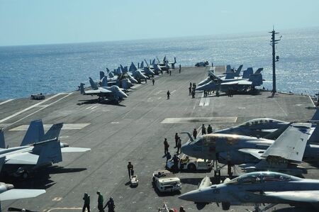 Gulf of Thailand, Thailand 5/8/2011 : F-18 fighter jets on the deck of the aircraft carrier USS George Washington.のeditorial素材